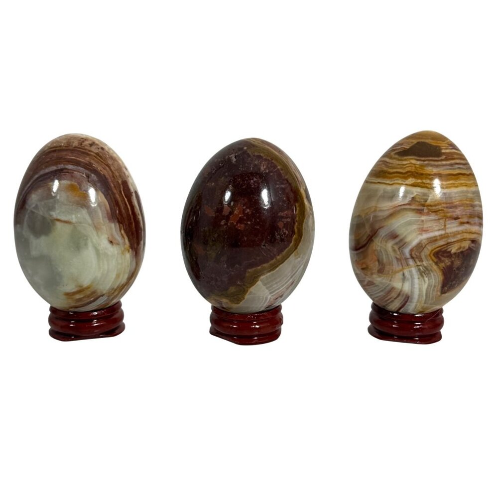 Set Of 3 Polished Onyx? Decorative Eggs w/ Stands Healing Energies/Gift 3.25"